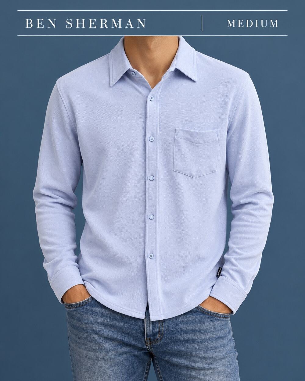 Ben Sherman Mens Medium Sky Blue Knit Button Shirt Long Sleeve Pocket NWT